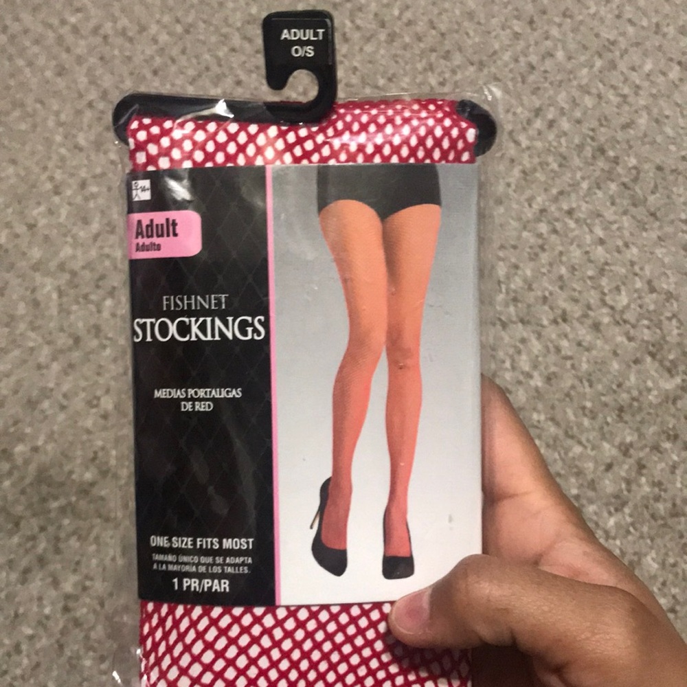 Red fishnet stockings , closed toe